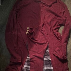 Burgundy Long Sleeve Cardigan with Plaid Detail